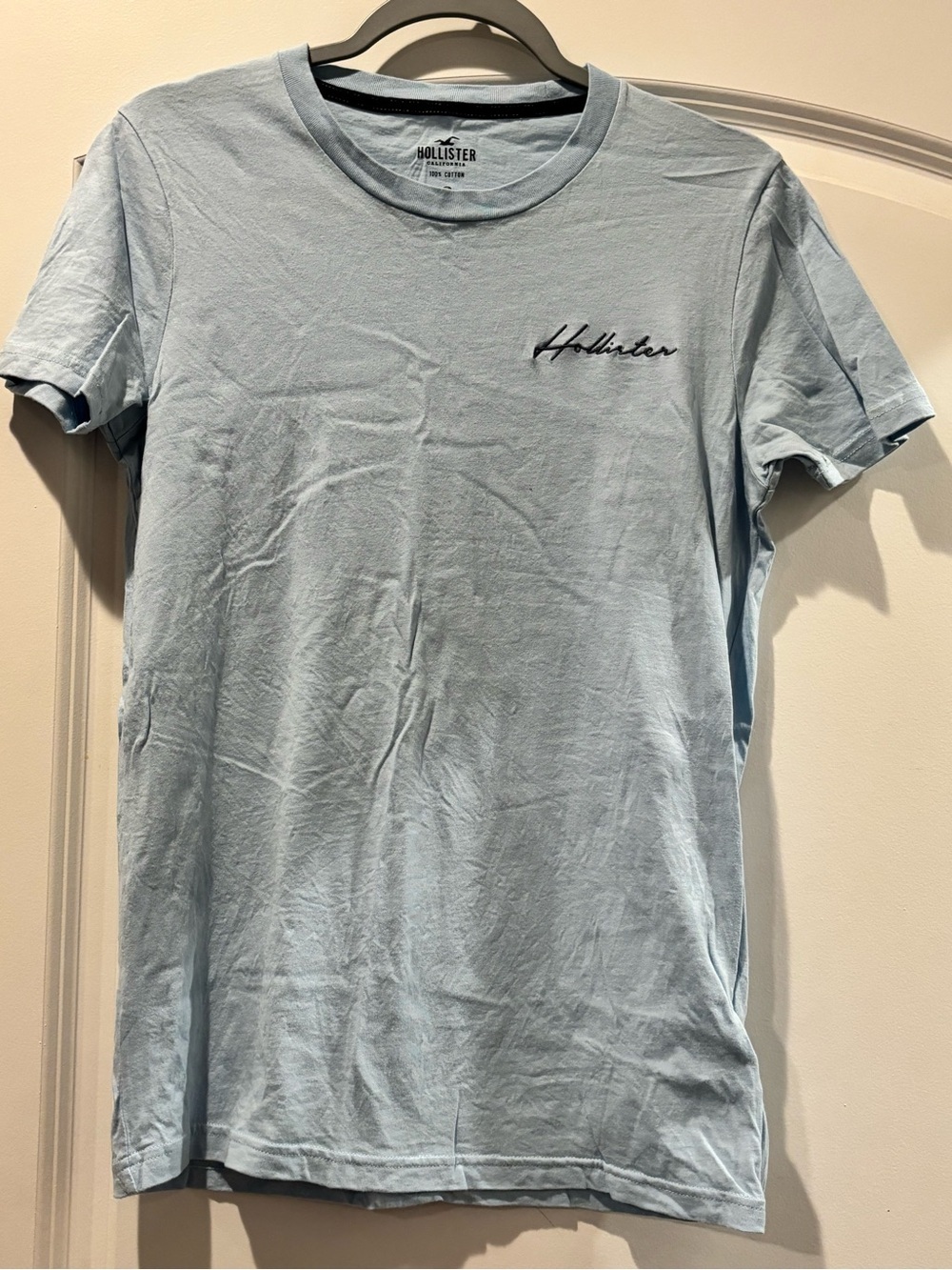 Hollister Pale Blue Script Logo Crewneck Tee